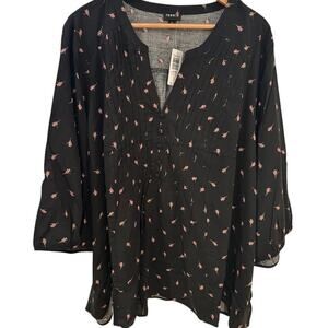 Torrid Black Floral Pleated V-Neck Blouse 3/4 Sleeve Washable Challis 4X